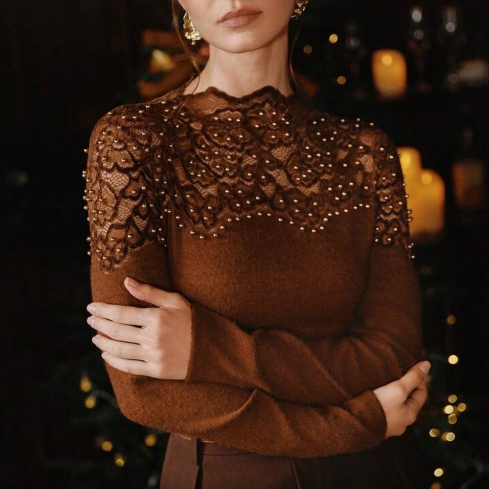 Brown Lace Top with Pearl Accents